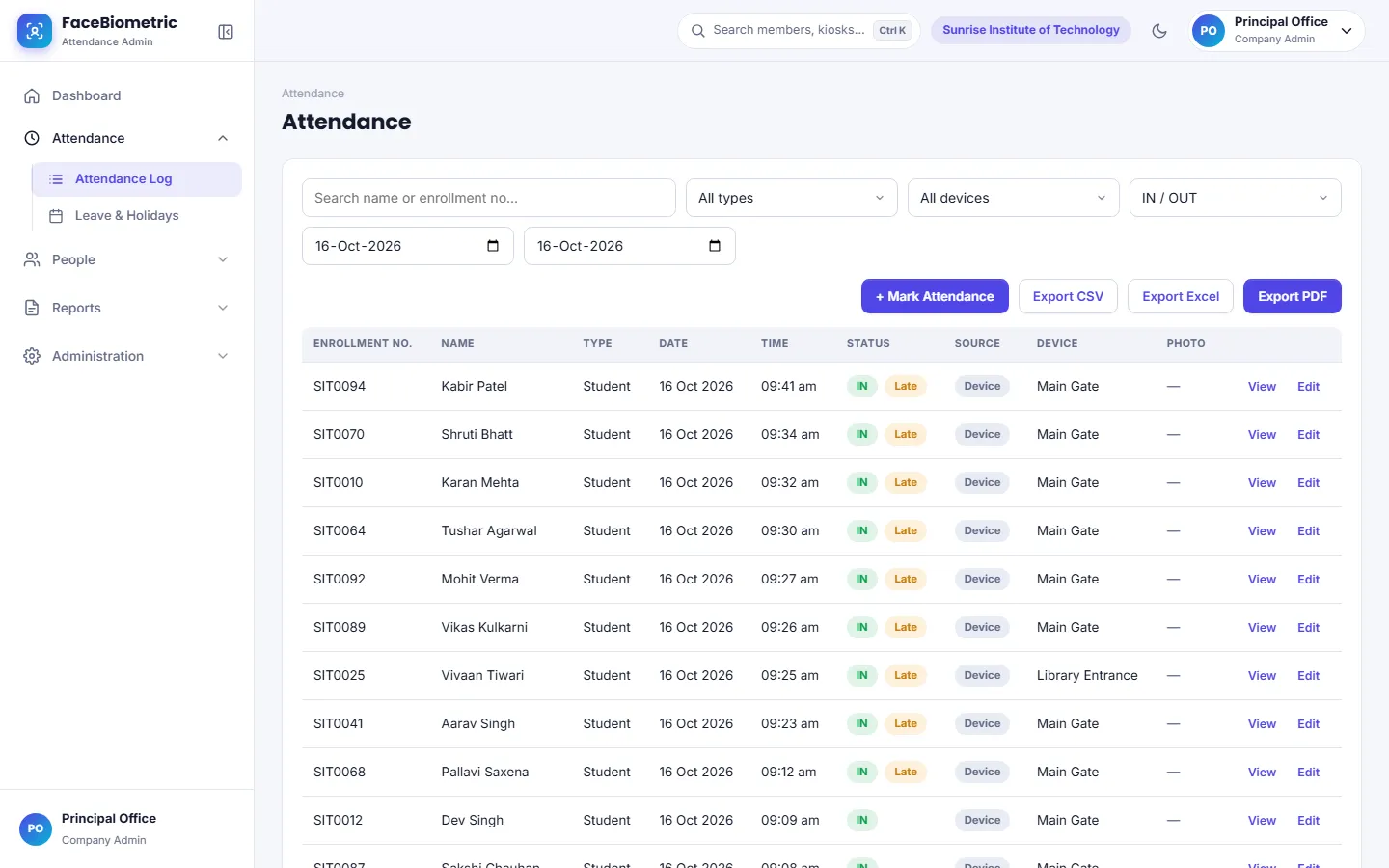 FaceBiometric attendance log listing IN scans with time, kiosk name and late status