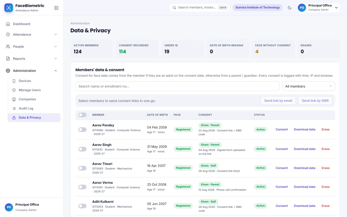 FaceBiometric data and privacy screen showing consent recorded from members and parents